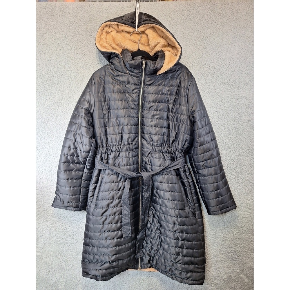 Emery Rose Puffer Coat Womens XL Black Quilted Faux-Shearling Lined Belted Waist